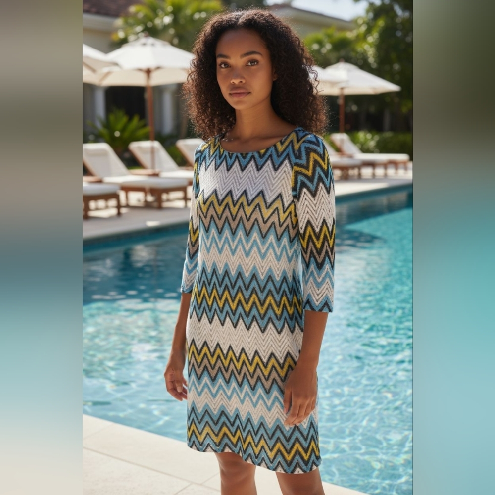 Tacera 3/4 sleeve Chevron Multi-color Fun Mini Dress Women's Size Medium